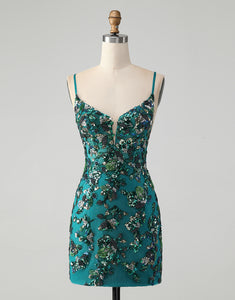 Sparkly Dark Green Beaded Sequins Bodycon Homecoming Dress with Lace-up Back