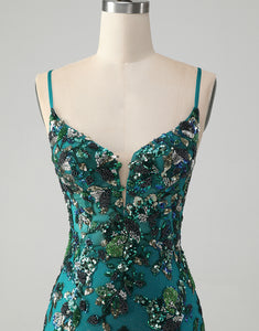 Sparkly Dark Green Beaded Sequins Bodycon Homecoming Dress with Lace-up Back