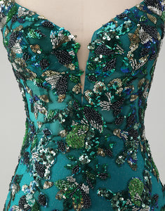 Sparkly Dark Green Beaded Sequins Bodycon Homecoming Dress with Lace-up Back