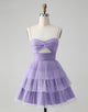 Cute Purple A Line Spaghetti Straps Tulle Tiered Short Homecoming Dress