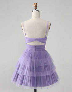 Cute Purple A Line Spaghetti Straps Tulle Tiered Short Homecoming Dress