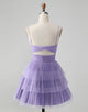 Cute Purple A Line Spaghetti Straps Tulle Tiered Short Homecoming Dress