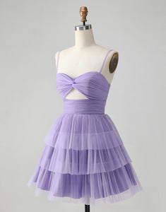 Cute Purple A Line Spaghetti Straps Tulle Tiered Short Homecoming Dress