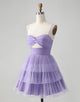 Cute Purple A Line Spaghetti Straps Tulle Tiered Short Homecoming Dress