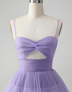 Cute Purple A Line Spaghetti Straps Tulle Tiered Short Homecoming Dress