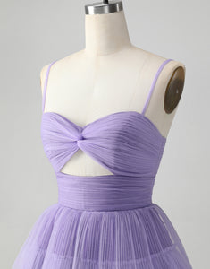 Cute Purple A Line Spaghetti Straps Tulle Tiered Short Homecoming Dress