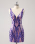 Sparkly Dark Purple Sequined Tight V Neck Homecoming Dress