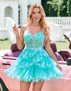 Cute Sparkly A-Line Green Spaghetti Straps Tiered Homecoming Dress with Sequins