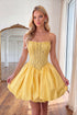 Yellow A-Line Pearls Strapless Sheer Corset Homecoming Dress with Lace Up Back