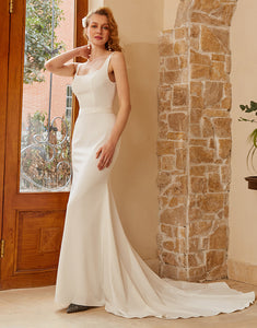White Square Neck Wedding Dress With Sweep Train