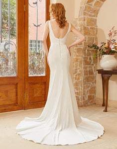 White Square Neck Wedding Dress With Sweep Train