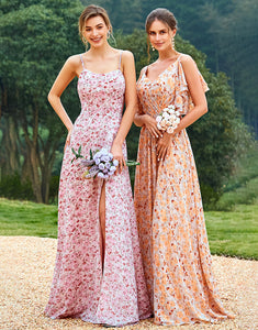 Pink Floral Print Bridesmaid Dress