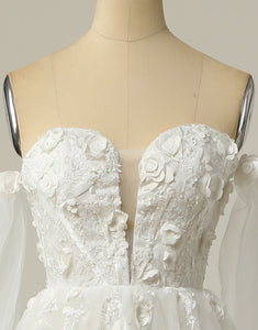 A Line Off the Shoulder Ivory Bridal Dress with Long Sleeves