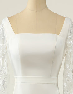 White Mermaid Square Neck Long Sleeves Wedding Dress
