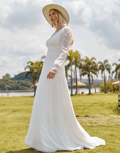 Elegant V-Neck Back Hollow Wedding Dress 2025 with Lace Long Sleeve