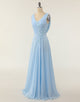 V-neck Blue Bridesmaid Dress with Ruffle