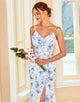 Sheath Spaghetti Straps Blue Floral Print Long Bridesmaid Dress with Split Front
