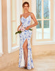 Sheath Spaghetti Straps Blue Floral Print Long Bridesmaid Dress with Split Front