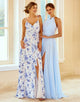 Spaghetti Straps Blue Floral Print Bridesmaid Dress