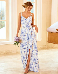 Spaghetti Straps Blue Floral Print Bridesmaid Dress