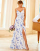 Spaghetti Straps Blue Floral Print Bridesmaid Dress