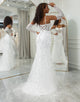 Ivory Mermaid Spaghetti Straps Lace Chapel Train Sparkly Bridal Dresses With Slit
