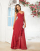 Simple A Line Spaghetti Straps Burgundy Long Bridesmaid Dress with Ruffles