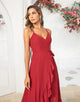 Simple A Line Spaghetti Straps Burgundy Long Bridesmaid Dress with Ruffles