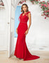 Mermaid V Neck Burgundy Long Bridesmaid Dress with Train