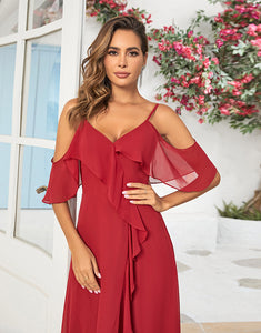 A Line Off the Shoulder Burgundy Long Bridesmaid Dress with Ruffles