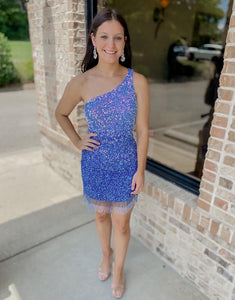 Blue One Shoulder Sequin Homecoming Dress With Tassels