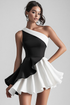 Ruffled One Shoulder Satin Little Black Dress