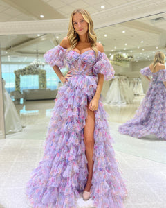 Purple A-Line Sweetheart Tiered Long Prom Dress