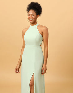 A Line Halter Dusty Sage Long Bridesmaid Dress with Open Back