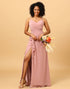 A Line Spaghetti Straps Blush Bridesmaid Dress with Split Front