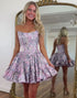 Floral Purple Jacquard A Line Strapless Basque Waist Mini Homecoming Dress with Ruffles