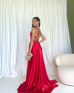 Red Spaghetti Straps A-line Backless Long Prom Dress With Split