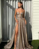 Champagne Glitter Spaghetti Strap A-Line Long Prom Dress