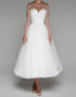 Illusion Neck White A Line Beaded Midi Wedding Dress
