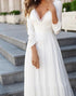 White V-Neck A Line Long Sleeve Wedding Dress with Lace