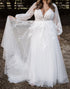 A Line Lace Tulle White Long Sleeve Wedding Dress