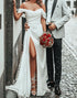 Off the Shoulder Sheath Ruched Ivory Wedding Dress with Slit