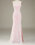 Sparkly Mermaid Spaghetti Straps Pink Long Prom Dress With Slit