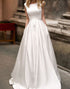 White A Line Boat Neck Satin Wedding Dress with Court Train