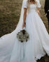 Ivory Square Neck A Line Short Sleeve Wedding Dress