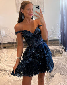 Navy A Line Off the Shoulder Glitter Homecoming Dress
