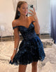 Navy A Line Off the Shoulder Glitter Homecoming Dress