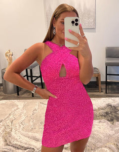 Hot Pink Halter Backless Sequin Short Homecoming Dress