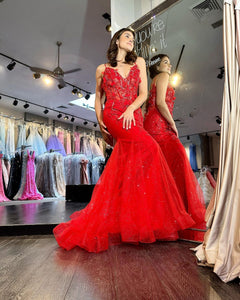 Red Mermaid Backless Long Prom Dress With Applique