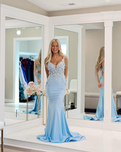 Light Blue Mermaid Long Prom Dress With Appliques